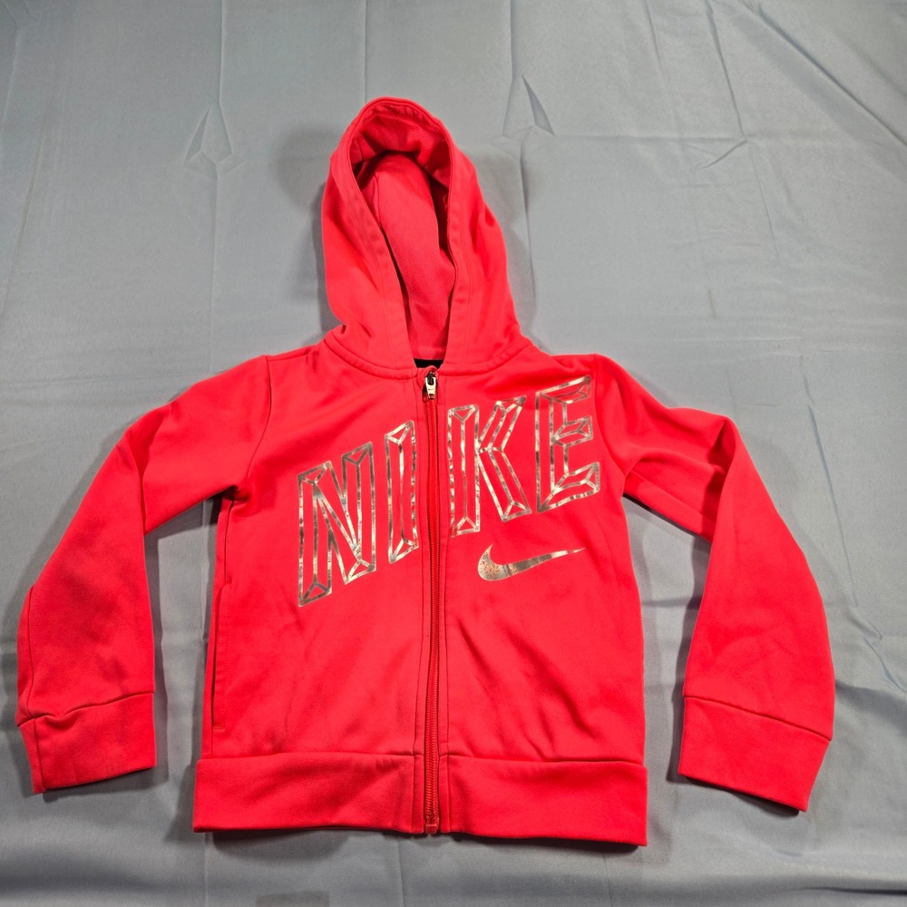 Nike Dri-FIT Kids Full Zip Hoodie Pink Red Silver Logo Sweatshirt Size 4 XS
